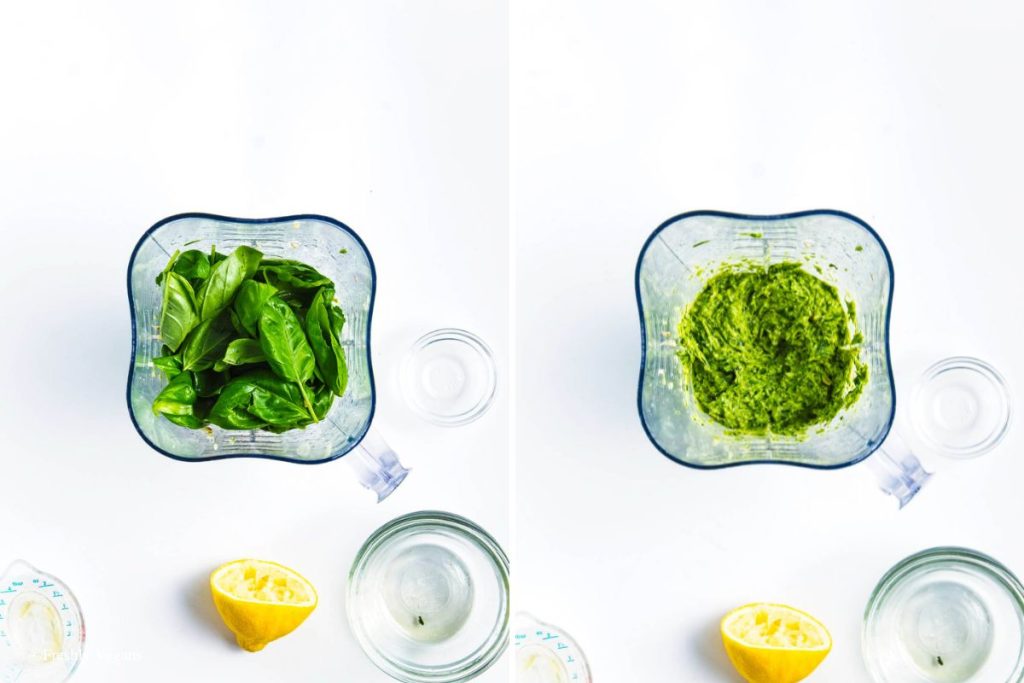 A blend of scapes, walnuts, olive oil, lemon juice and basil leaves in a food processor.