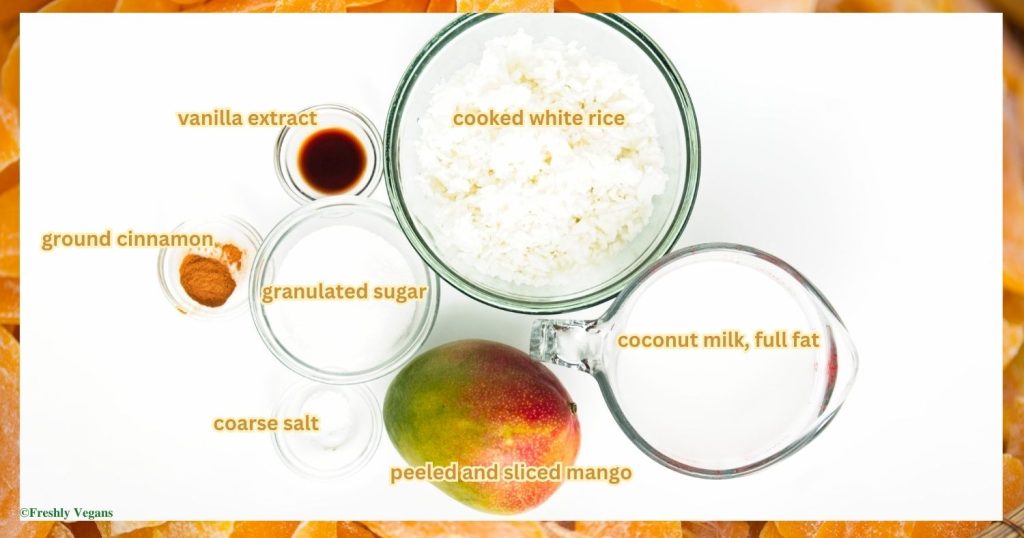 Ingredients of Vegan Rice Pudding with Mango placed in bowls