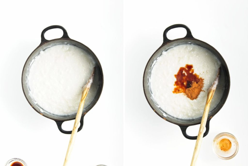 Rice with coconut milk, sugar and salt added with vanilla extract and cinnamon placed in a heavy bottomed saucepan over medium heat.