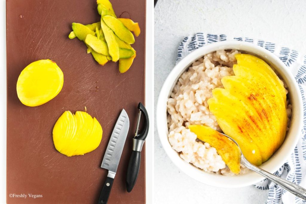 A peeled and sliced ripe mango topped in a vegan rice pudding placed in a small white bowl.