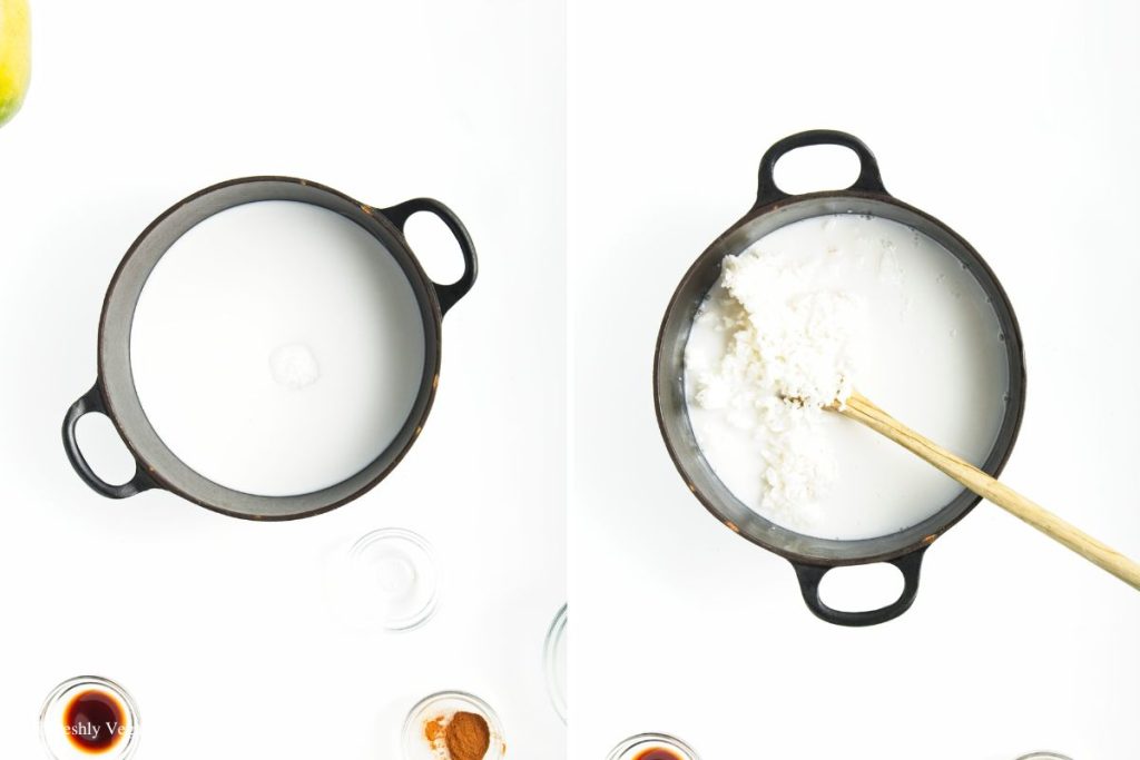 A mixture of coconut milk, sugar and salt added with white rice in a bottomed saucepan over medium heat.